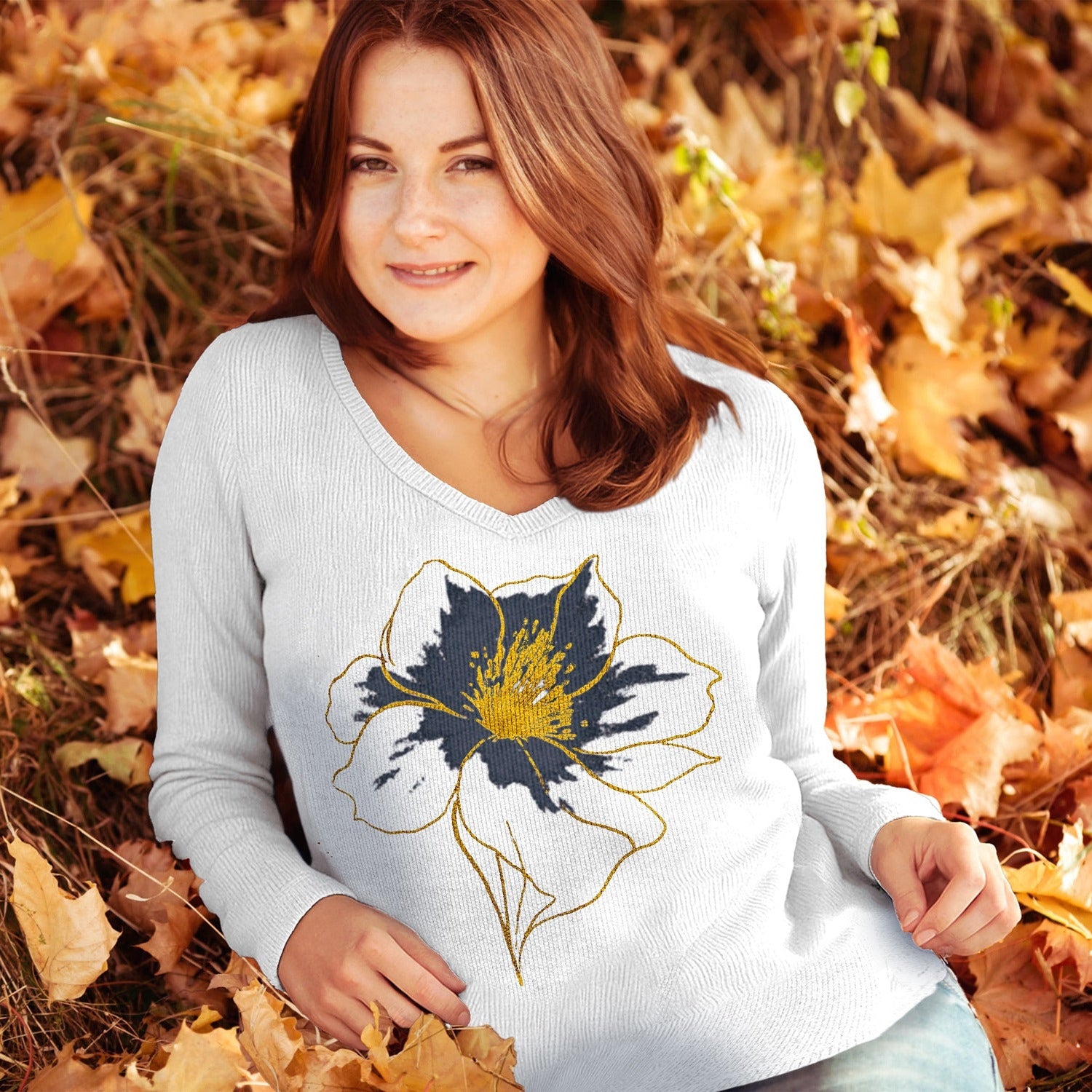 V-Neck Floral Top with Gold Accent F25-37T – Femme Fatale